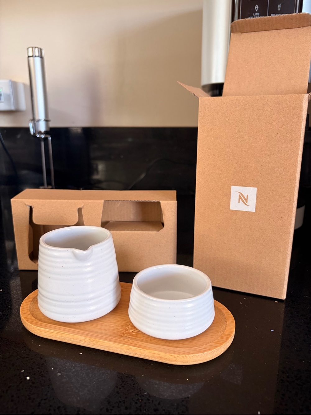 Nespresso White Ceramic Creamer and Sugar Bowl Set with Bamboo Tray